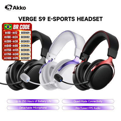 Auscultadores Gaming AKKO Verge S9 com Microfone – Driver de 53mm, Bluetooth 5.3 Sem Fios Quad-Mode, Som Surround 7.1, Auscultadores Gaming Profissionais para FPS