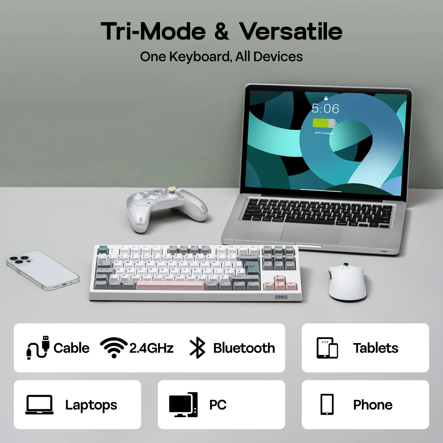 ISO-UK-Layout EPOMAKER TH87 TKL-Layout kabelgebundene/BT/2.4Ghz kabellose mechanische NKRO-Tastatur mit 10000mAh-Akku & RGB-Beleuchtung