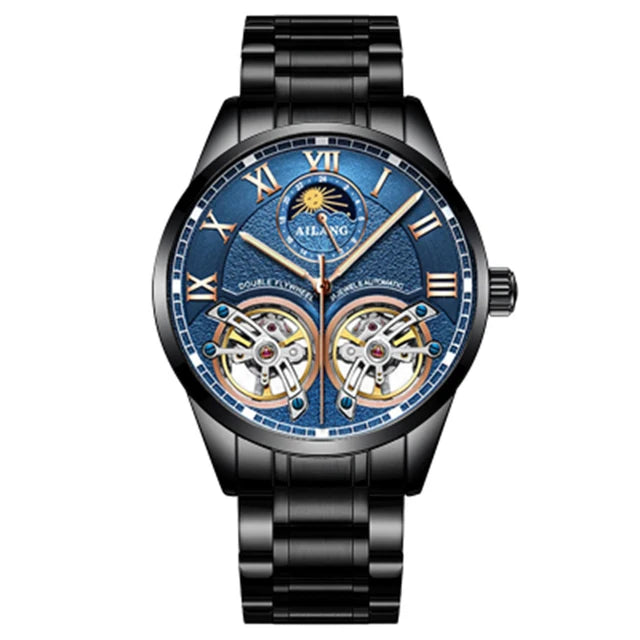 AILANG Double Tourbillon Design Business Men Mechanical Watch Fashion Leather Moon Phase Automatic Watches for Mens Reloj Hombre