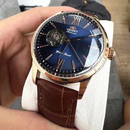 Orient Men's Automatic Open Heart Watch Blue Dial Stainless Steel Band Casual Dress Wristwatch 30M Water Resistant Fashion Watch