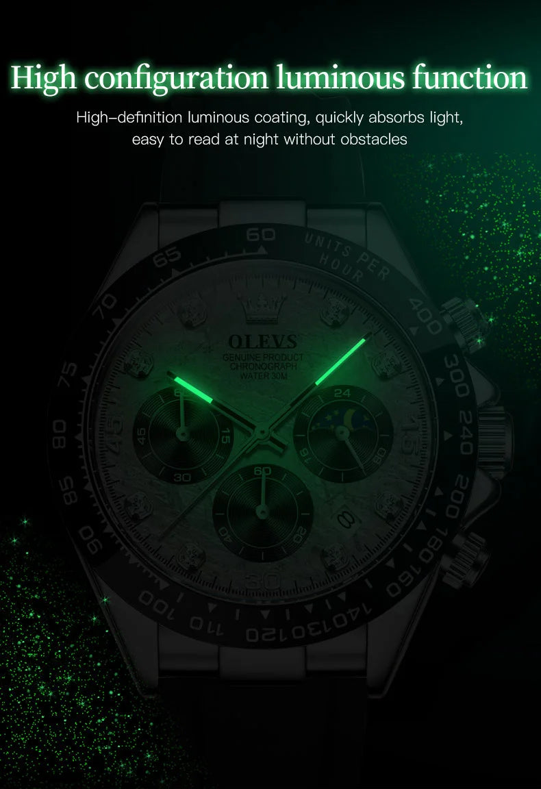 OLEVS 2875 Quartz Watch for Men Original Luxury Brand Silicone Strap Chronograph Auto Date Waterproof Moon Phase Sport Man Watch