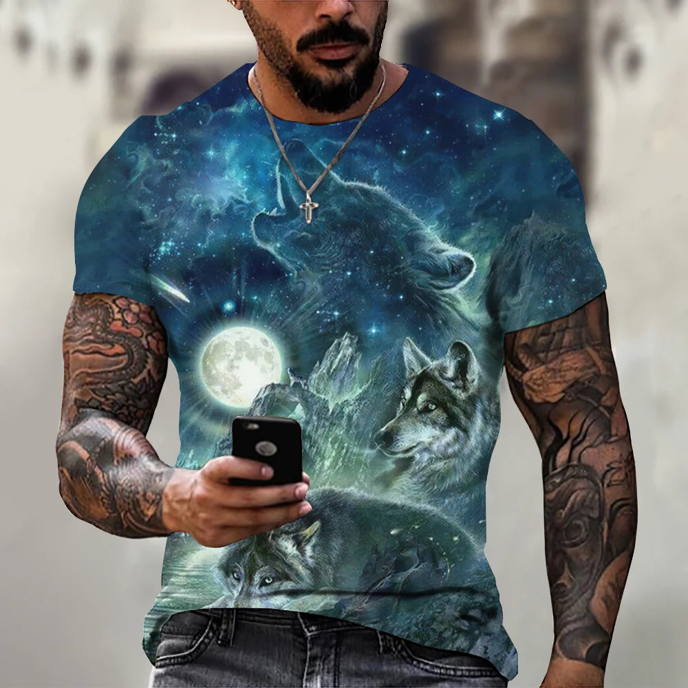 European and American men's new fashionable summer wolf roar print comfortable and breathable round neck T-shirt outdoor top