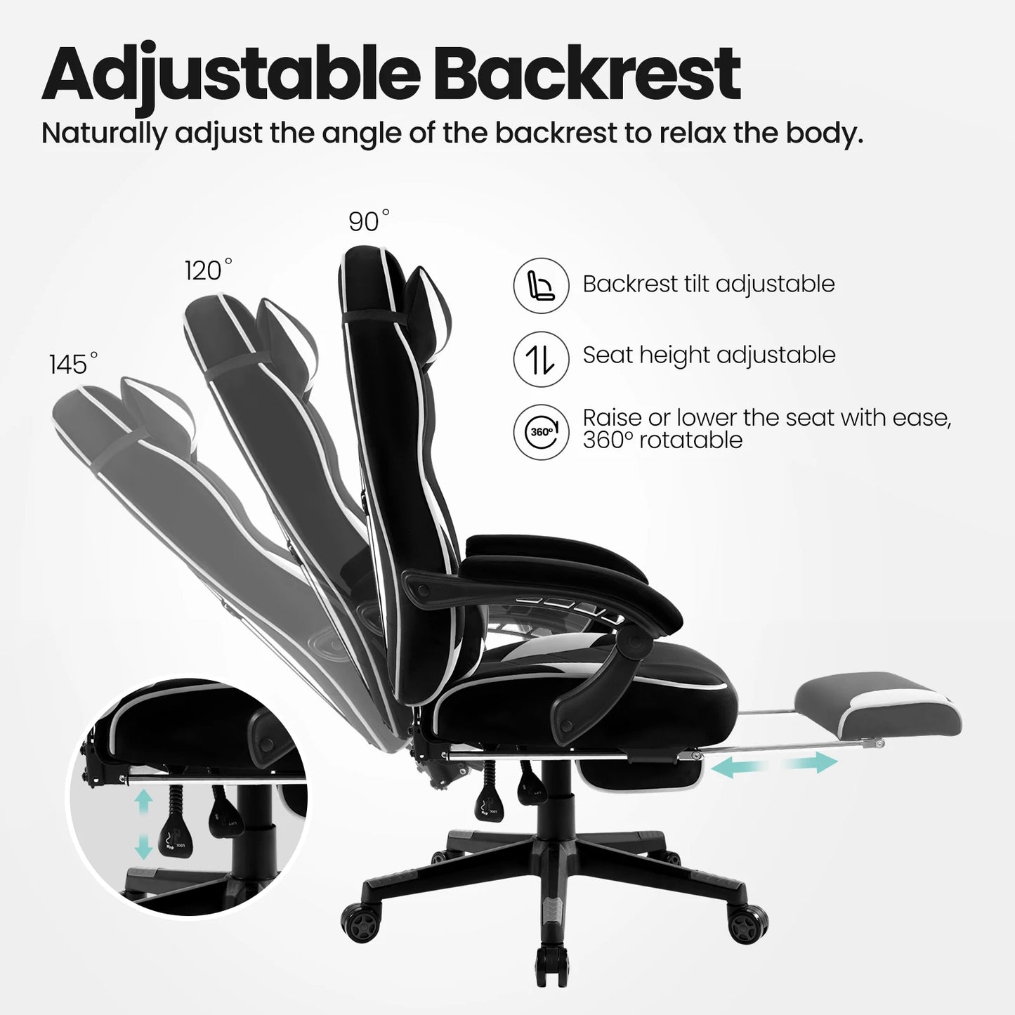 WOLTU Racing Gaming Chair Ergonomic Office Chair with Footrest, Adjustable Reclining Gamer Chair, Swivel Computer Desk Chair with Headrest & Lumbar Support