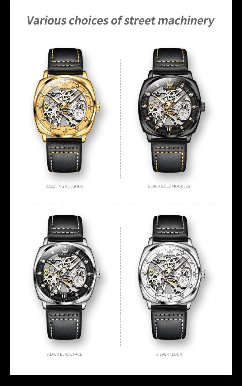 OLEVS 6651 Men's Watch Classic Automatic Mechanical Watch For Men Hollow Skeleton Clock Luxury Leather Waterproof Wrist Watches
