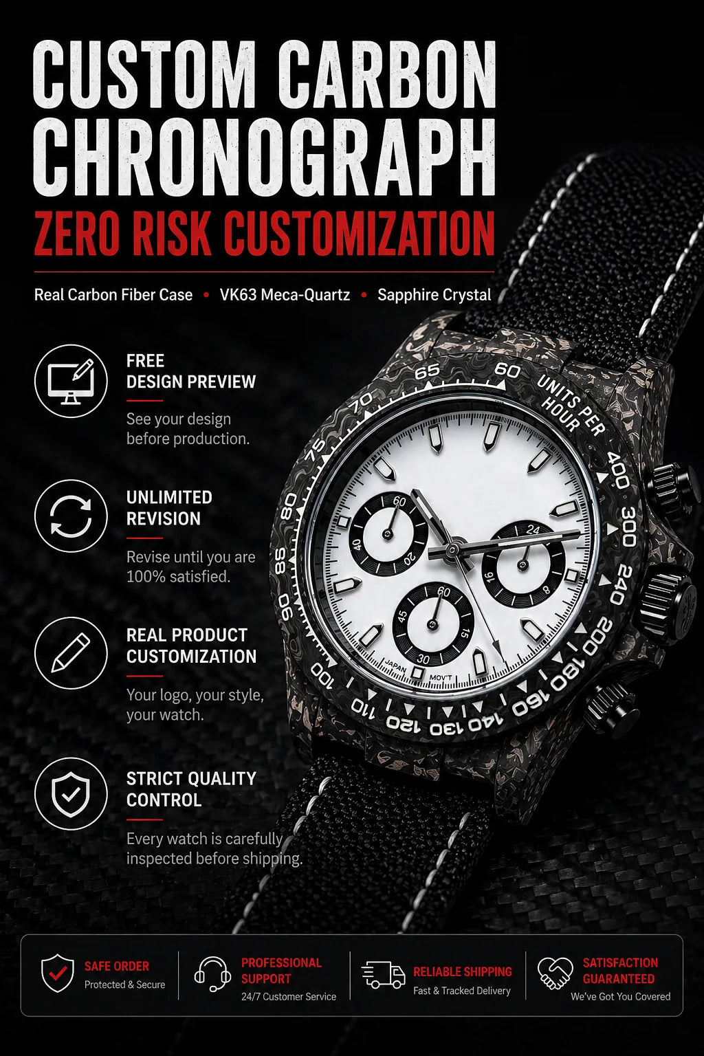 39mm Carbon Fiber Panda Chronograph Watch VK63 Quartz Sapphire Crystal Custom Logo Men's Sports Wristwatch