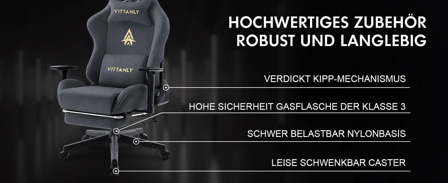 Vittanly Gaming Chair Ergonomic Office Chair with Footrest, Breathable Fabric Adjustable Rotating Computer Chair with 3D Armrests for Gaming & Work
