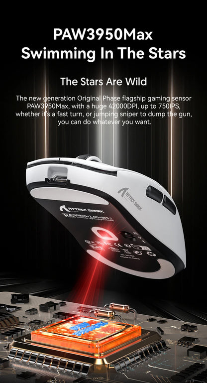 Attack Shark R6 Gaming Mouse 38g Ultra-Light, PAW3950 8K Return Rate Wireless, Nordic 52840, 24000DPI, Tri-Mode