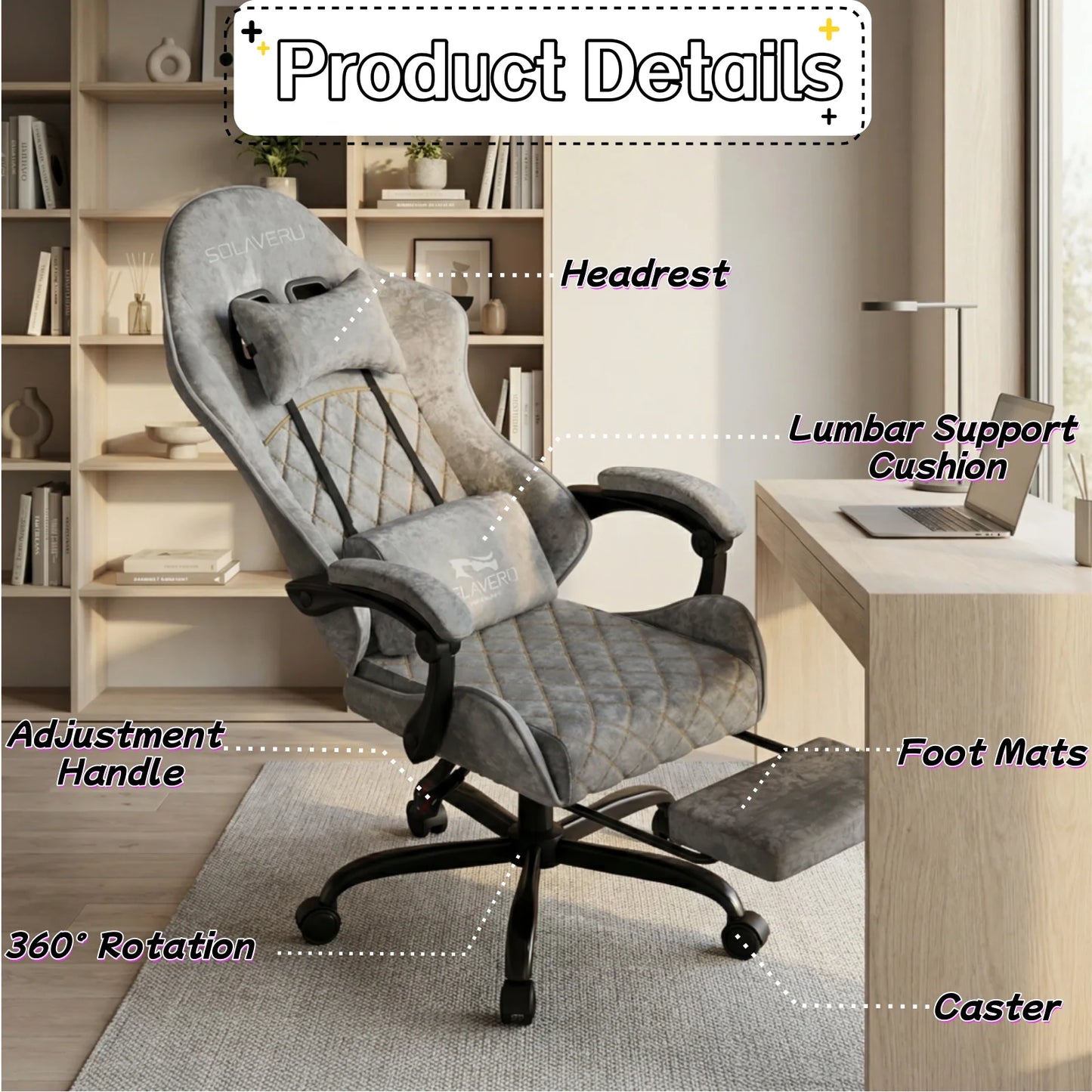 Ergonomic Massage Gaming Chair with Fabric Comfort, Adjustable Computer Office Chair, 360° Swivel Reclining Game Chair with Headrest & Lumbar Support