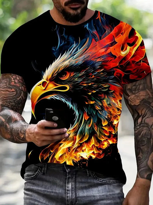 T-shirt para Homem com Novo Padrão de Águia Cool, Estampado 3D de Águia em Chamas, Streetwear de Verão, Manga Curta, Tops e T-shirts para Homem