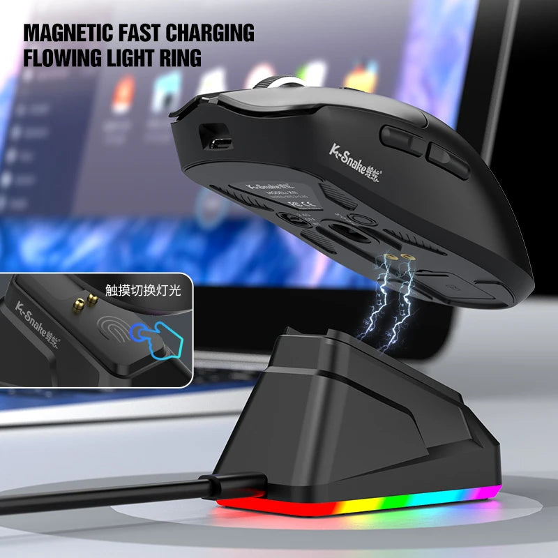 K-Snake X11 Bluetooth Wireless Gaming Mouse, Tri-Mode RGB Rechargeable Mouse with PAW3311 Sensor, 12000 DPI Magnetic Charging Gaming Mouse for PC, Laptop & Office