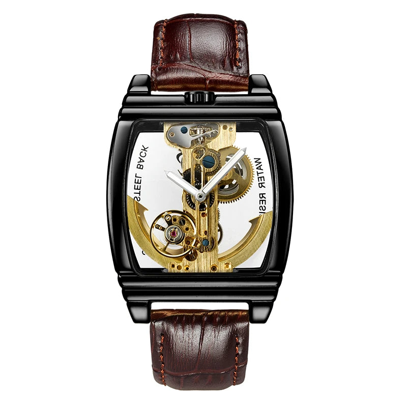 SHENHUA Mens Watches Top Brand Luxury Automatic Mechanical Transparent Skeleton Bridge Watch Leather Belt Wristwatch Male Clock