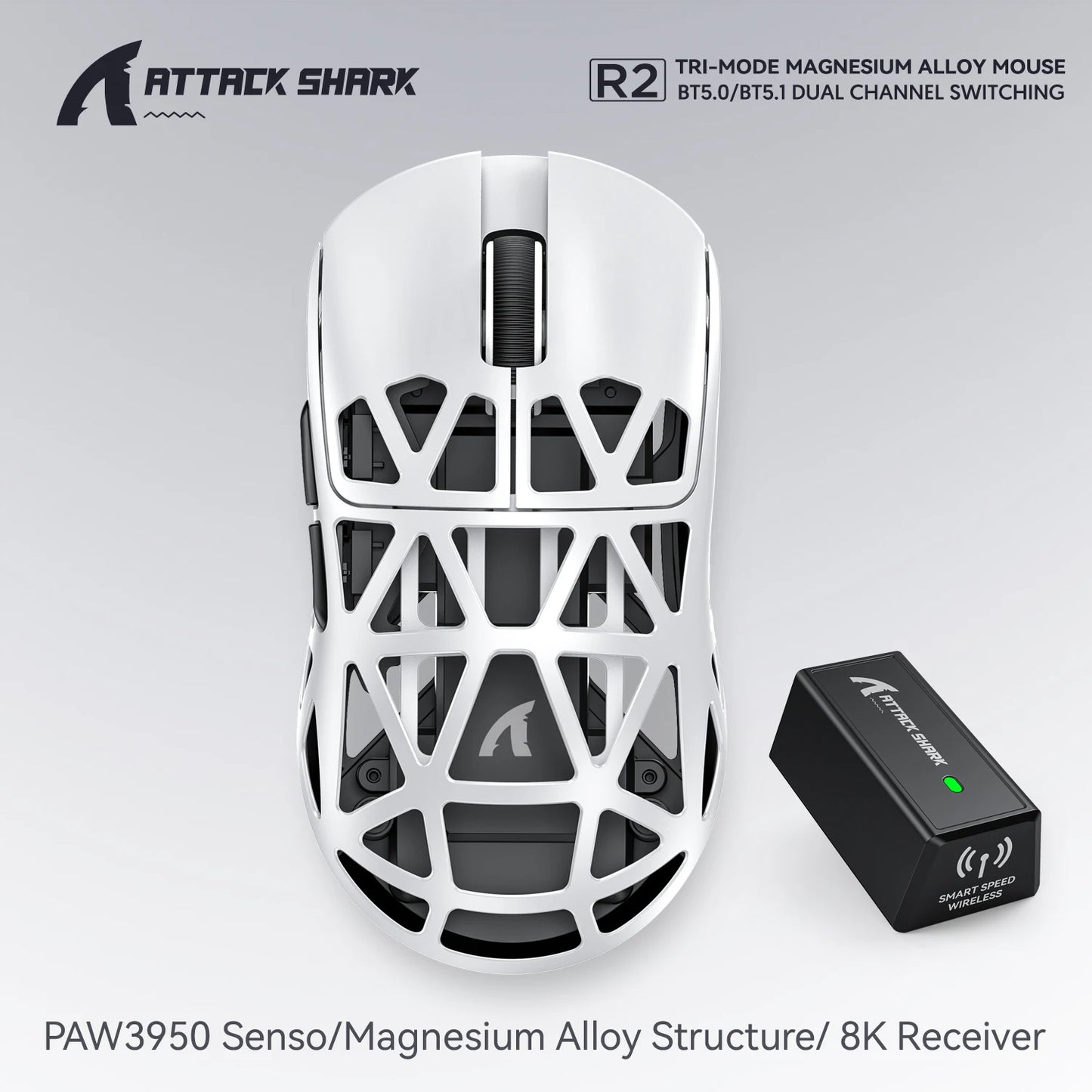 Mouse da gaming wireless Attack Shark R2 PAW3950 8K in lega di magnesio, leggero, Bluetooth tri-mode per gaming/ufficio