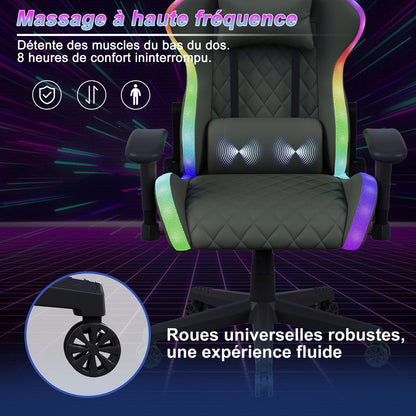 LED Gaming Chair Ergonomic PU Leather Office Chair with Adjustable Backrest, Lumbar Support Pillow, Footrest & RGB Lights