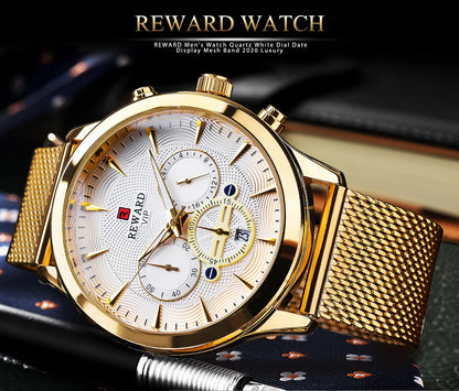 REWARD Business Watches Quartz Movement Fashion Men Gold Stainless Steel Watch Luxury Calendar Quartz Wrist Watch
