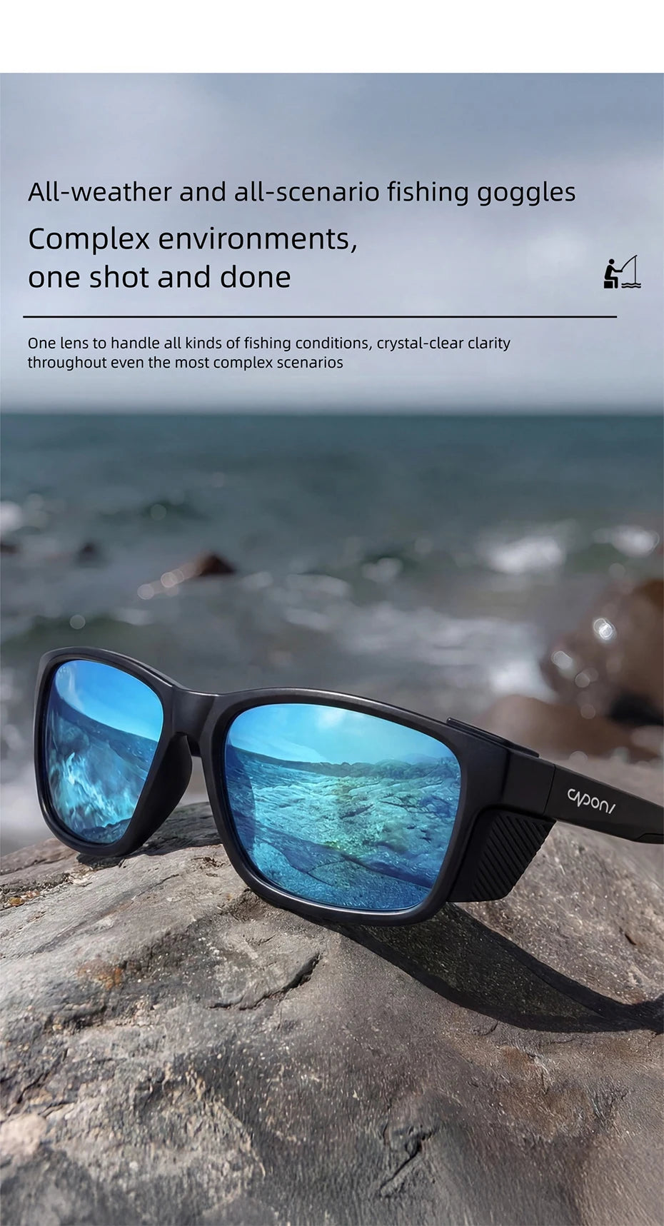 CAPONI Polarizované pánské sluneční brýle pro outdoorové sporty a rybaření, čtvercové, odolné proti oleji a vodě, modré HD čočky, černé obroučky CP36505