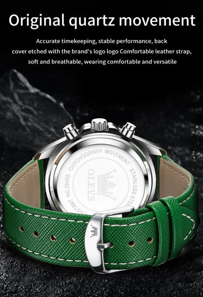 OLEVS Men's Watches Fashion Sports Green Watch For Men Multifunctional Quartz Wristwatches Men Waterproof Leather reloj hombre