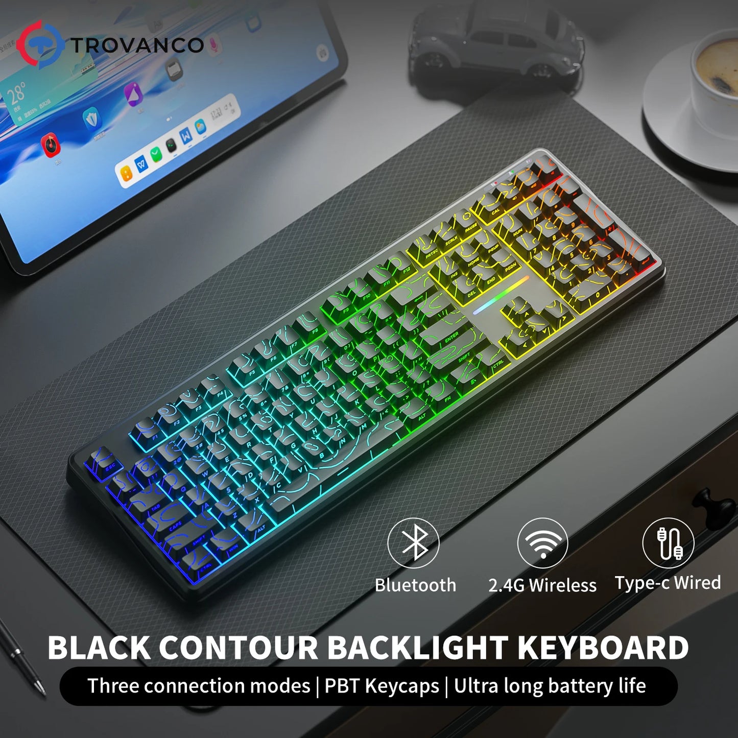 Teclado Bluetooth V108 Pro para oficina, bajo nivel de ruido, 2.4G, con cable e inalámbrico, diseño completo, membrana con retroiluminación RGB