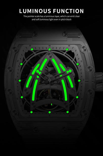 PINDU Designer Hollow Tonneau Mechanical Watch Men Luxury Brand Skeleton Automatic Watches Mens Sport Silicone Wristwatch JH3105