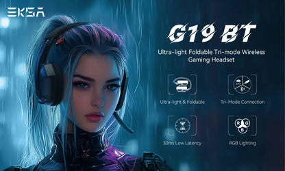 Auriculares gaming inalámbricos trimodo EKSA G19BT – Bluetooth 5.4, auriculares gaming 2.4GHz de baja latencia con micrófono para PC, PS5, Xbox