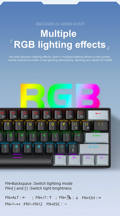 APAYADO K61 60% mini laidinė mechaninė žaidimų klaviatūra Phantom RGB, 61 klavišas, raudoni / mėlyni jungikliai, ergonomiška, nešiojama, skirta PC / nešiojamajam kompiuteriui