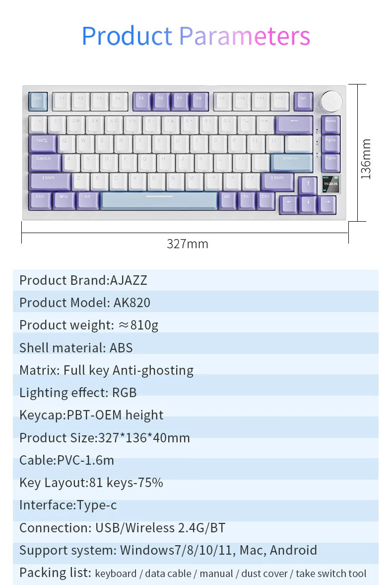 AJAZZ AK820 Pro Gaming Mechanical Keyboard 75% Wireless Bluetooth RGB Hot-Swappable Mechanical Keyboard with Volume Knob for PC, Mac & Laptop
