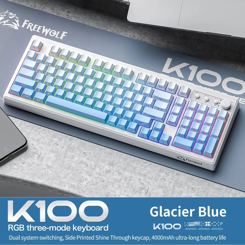 FREEWOLF K100 Wireless Keyboard Quiet with Media Knob|Side-print Backlit|4000mAh|26-Key Rollover Mechanical Feel Keyboard