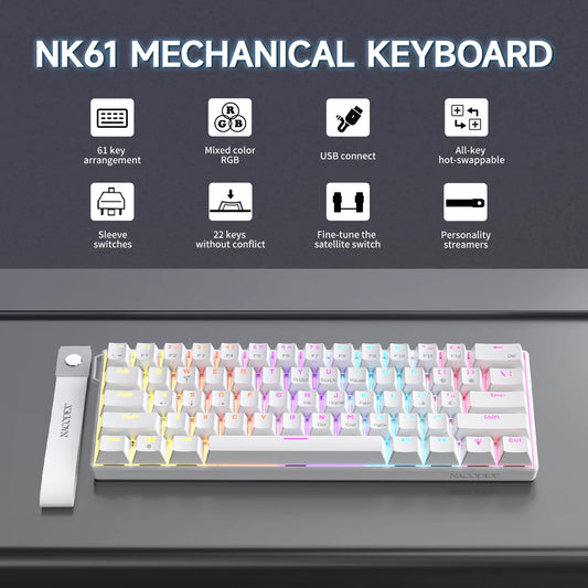 Ajazz NK61 Wired Mechanical Gaming Keyboard 61 Keys RGB Hot-Swap Mixed Color Red Switch Compatible with Win/Mac for Gamers