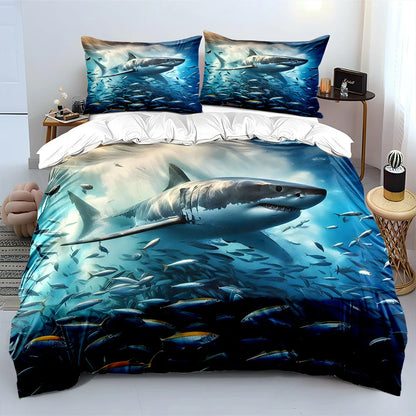 Shark Swimming Through Fish Swarm Print Soft Comfortable Duvet Cover Bedding Set Includes 1*Duvet Cover 2*Pillowcases