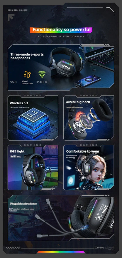Cuffie gaming wireless ONIKUMA GT808 2.4G/Bluetooth/cablate a 3 modalità over-ear con microfono con cancellazione del rumore per PC PS4 PS5
