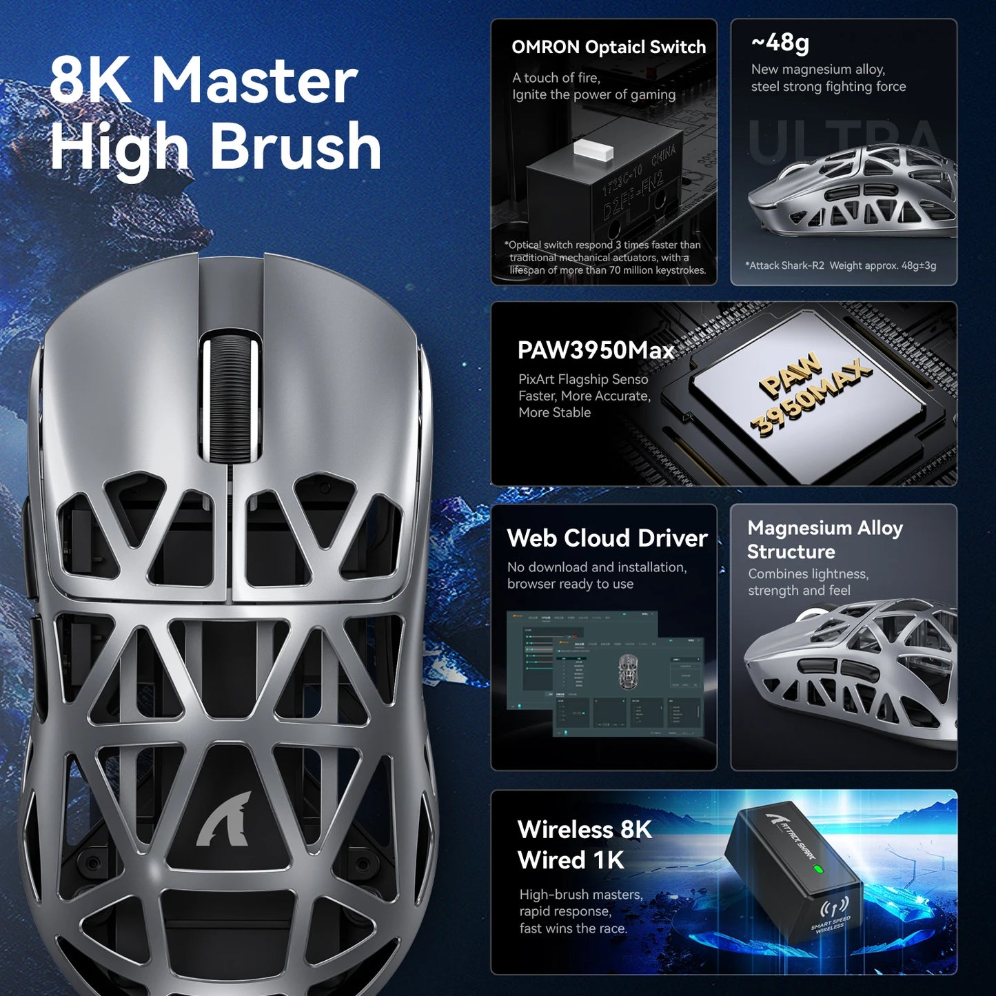 Mouse da gaming wireless Attack Shark R2 PAW3950 8K in lega di magnesio, leggero, Bluetooth tri-mode per gaming/ufficio