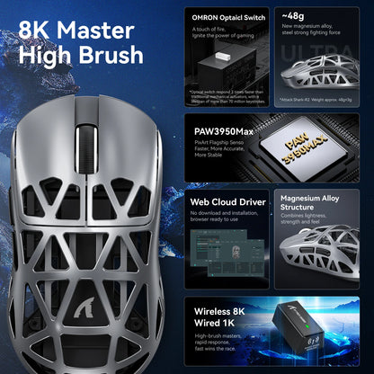 Mouse da gaming wireless Attack Shark R2 PAW3950 8K in lega di magnesio, leggero, Bluetooth tri-mode per gaming/ufficio
