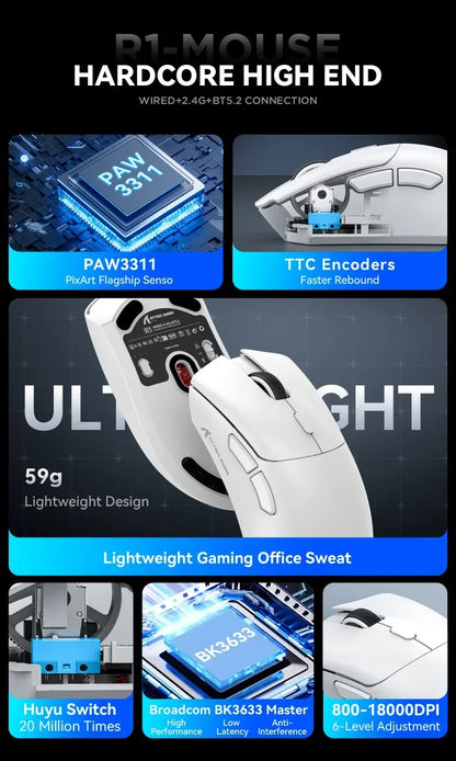 Ratón gaming inalámbrico Bluetooth Attack Shark R1 2.4G USB, 18K DPI, PAW3311, conectividad tri-modo, ligero 59g, para PC, portátil y Mac
