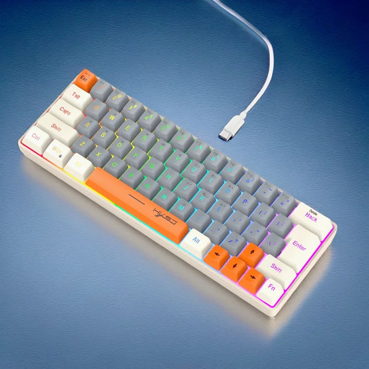 Keyboard RGB USB wired 63 keys gaming gamer compact  mini pc keyboards for trips,office,games business key board (Grey&Orange)