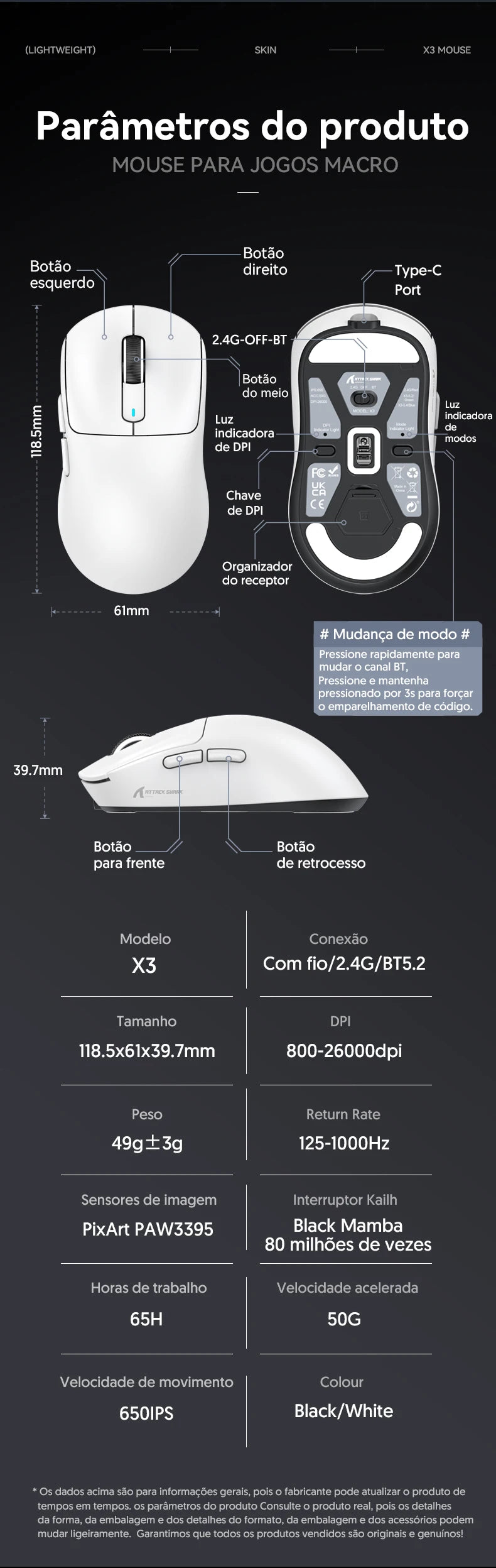 Atack Shark X3 PAW3395 Mouse Lightweight Wireless Gaming Mouse,Tri-Mode  Mouse,26K DPI PAW3395,PC/Laptop/Win/Mac