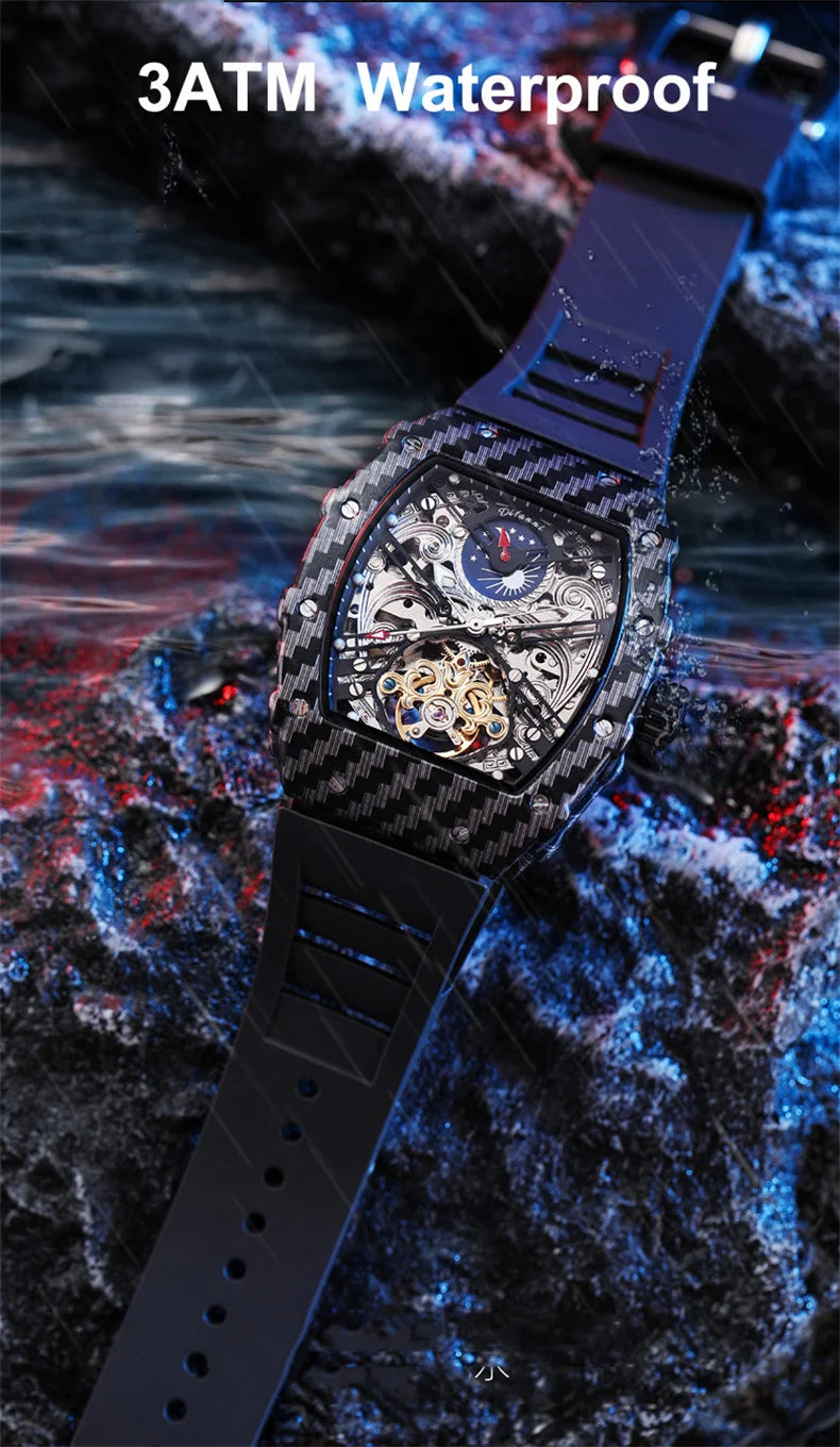 Tourbillion Mechanical Watch for Men Silicone Strap Skeleton Tonneau Automatic Mens Watches Top Brand Luxury Reloj Hombre