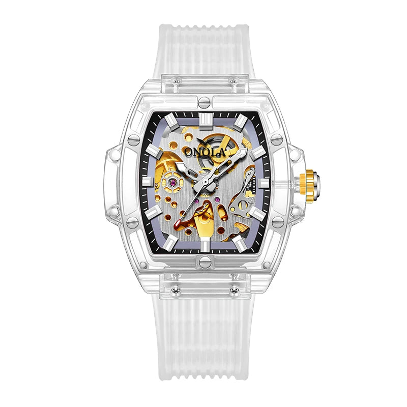 Luxury men's watch onola plastic transparent hollow full automatic mechanical watches men waterproof clock