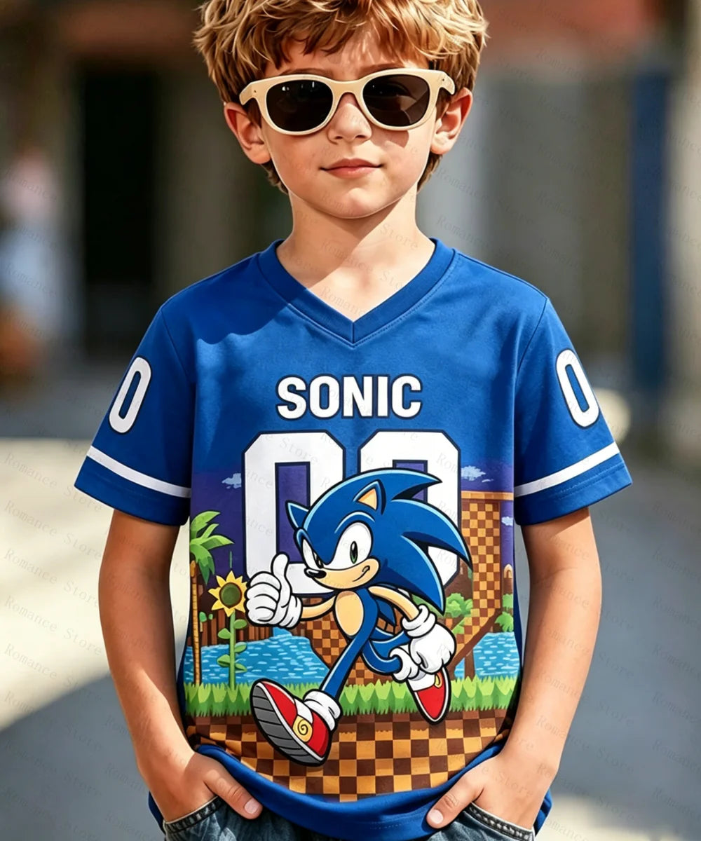 Sonic Anime Merchandise 3D Printed V-Neck Jersey T-Shirt for Kids & Adults, Multi-Size Loose Fit Casual Sports Short Sleeve Top