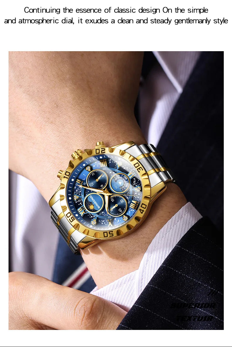Relógio de Homem 2026 em Aço, Luxo Discreto, Business, Fase da Lua, Noite Estrelada, Luminoso, Resistente à Água, Quartzo, Presente de Moda Masculina