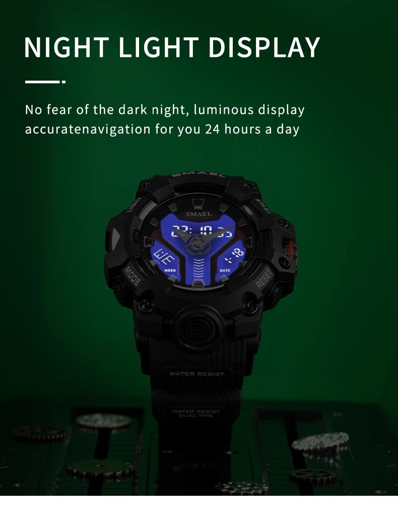 SMAEL 8075 Men's Analog Digital Dual Display Sport Watch - 50M Waterproof LED Backlight Dual Time Alarm Chronograph Stopwatch