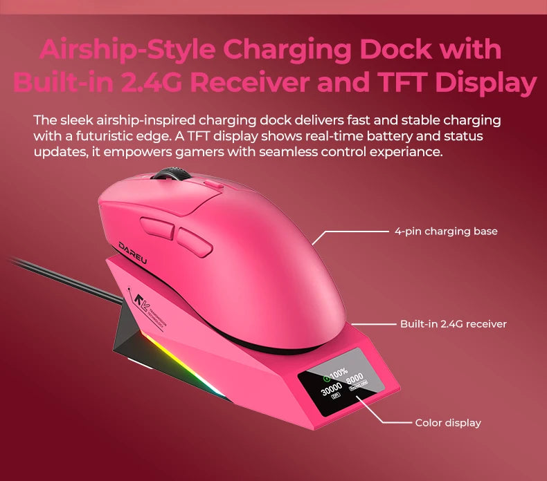 DAREU Kabellose Gaming-Maus 8khz Abtastrate AIM-750 (3950) 30000 DPI Tri-Mode-Gamer-Maus 60g mit Ladestation