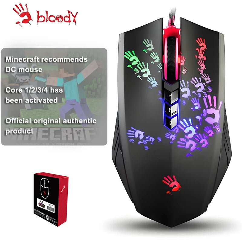 A4Tech Bloody A60 Gaming Mouse, RGB Mouse, Drag Click, 6200 CPI, 8 Macro Keys, X'Glide Metal Boot, 1000 Hz Adjustable