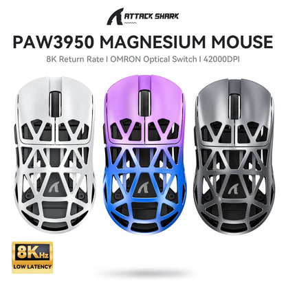 Mouse da gaming wireless Attack Shark R2 PAW3950 8K in lega di magnesio, leggero, Bluetooth tri-mode per gaming/ufficio