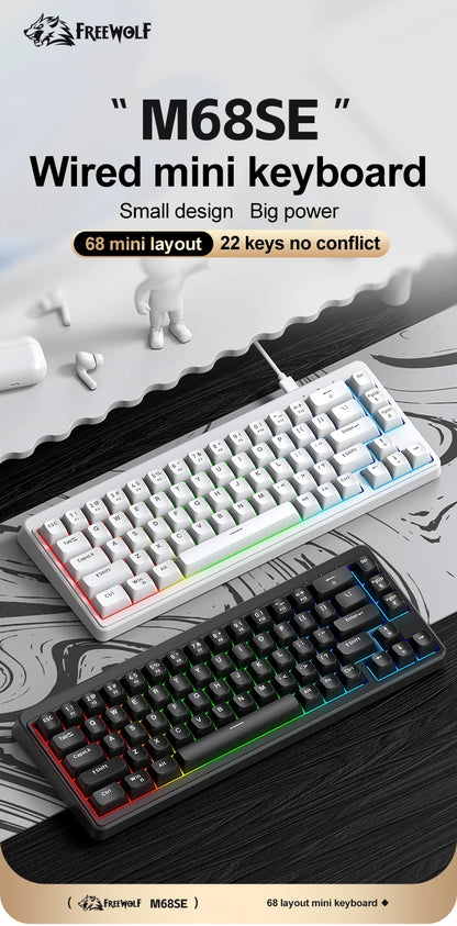 FREEWOLF M68SE Teclado con tacto mecánico de 68 teclas, mini teclado compacto con cable y silencioso para portátiles, gaming y uso de oficina