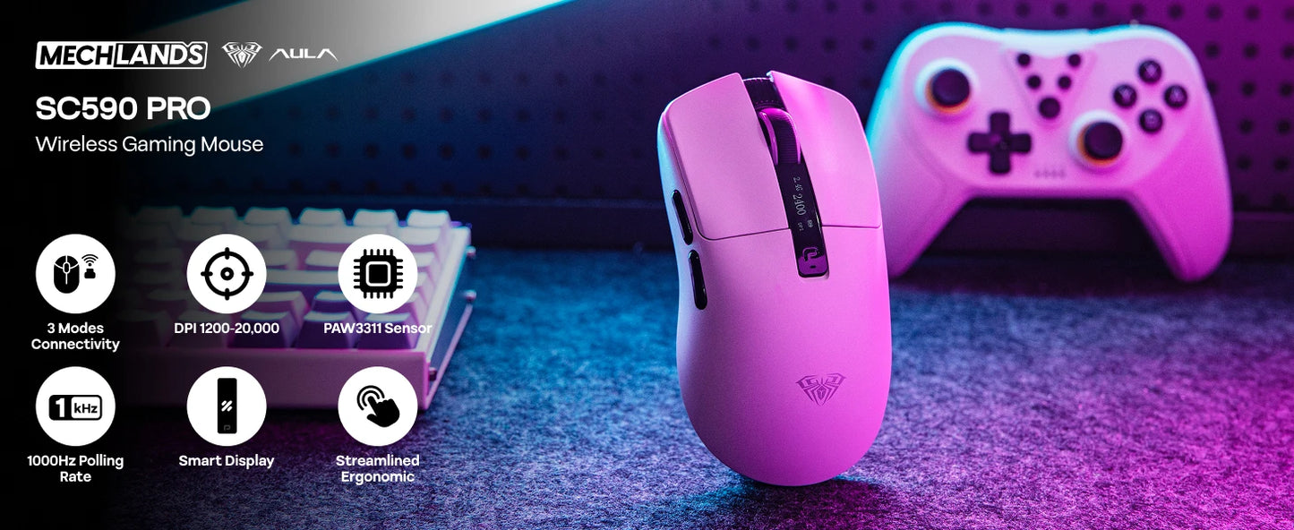 Ratón gaming AULA SC590 PRO con cable/Bluetooth/inalámbrico 2.4GHz, 20000 DPI y sensor PAW3311 con tasa de sondeo de 1000 para Win/Mac/gaming