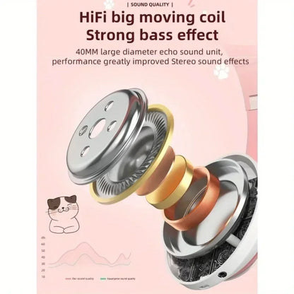 Cute Cat Ears Wireless Bluetooth Headphones with Mic LED Lights, Kids Stereo Music Headset, Cat Ear Wireless Headphones with Noise Cancelling, Gaming & Gift Headphones