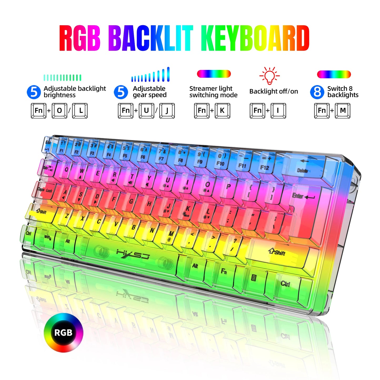 HXSJ 60% kabelgebundene transparente Gaming-Tastatur, RGB-beleuchtet, ultrakompakte wasserdichte kleine Kompakttastatur mit 61 Tasten für PC/Mac