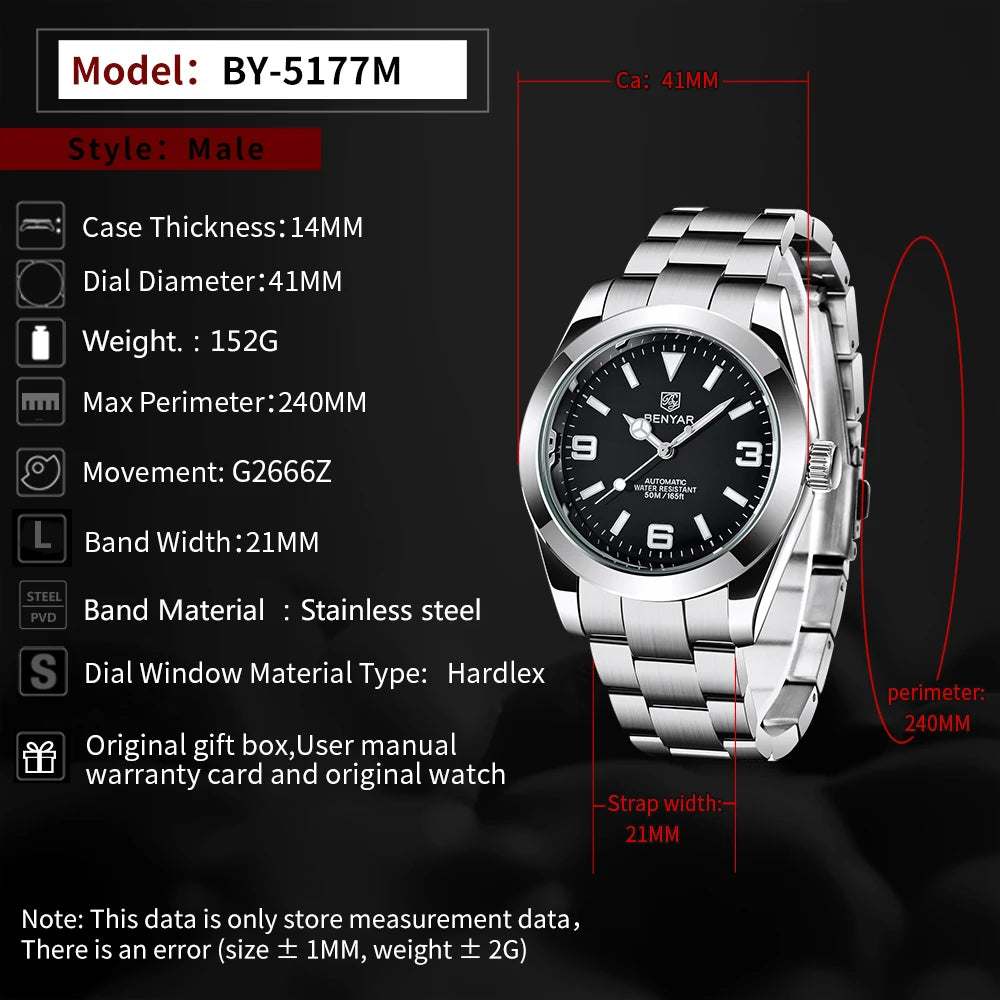 BENYAR 2025 Neue automatische mechanische Herrenuhr, Business-Sport-Luxus-Herrenuhr, 50M wasserdichte Uhr, Relogios Masculino