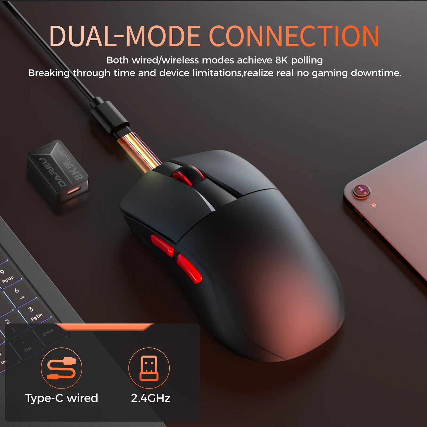 DAREU Dual-Mode Gaming Mouse 8KHz Wireless & Wired, 30,000 DPI Lightweight Gaming Mouse with AIM-750 Sensor, RGB Macro Gaming Mouse