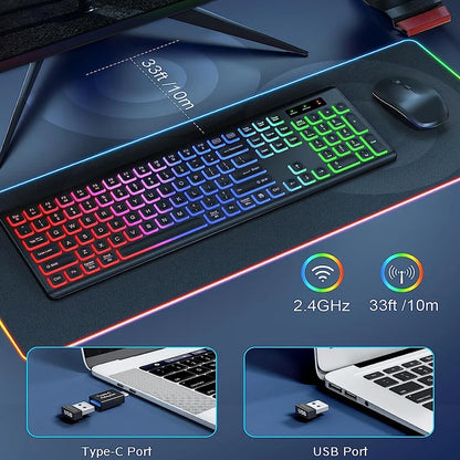 Combo de teclado y ratón inalámbricos con retroiluminación RGB, letras iluminadas recargables, tamaño completo, ergonómico, modo de suspensión, 2.4GHz