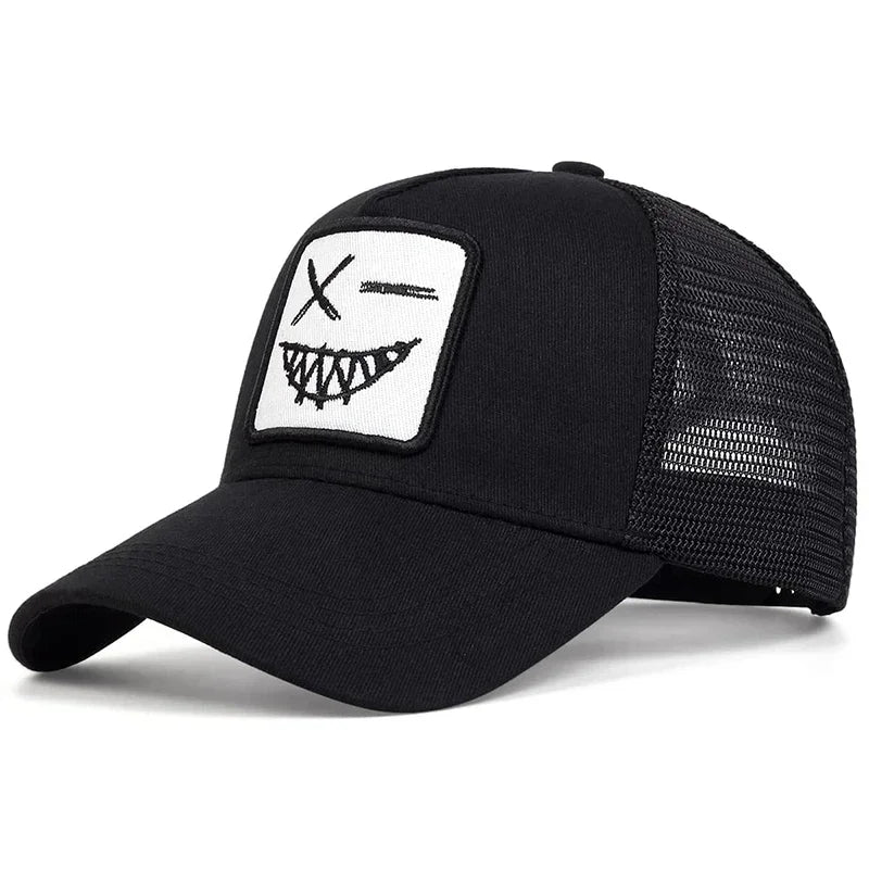Czapki z daszkiem typu „trucker” unisex z haftem przedstawiającym uśmiechniętą twarz z zębami, z siateczką baseballową, na wiosnę i lato, chroniące przed słońcem, z regulowanym paskiem, na co dzień